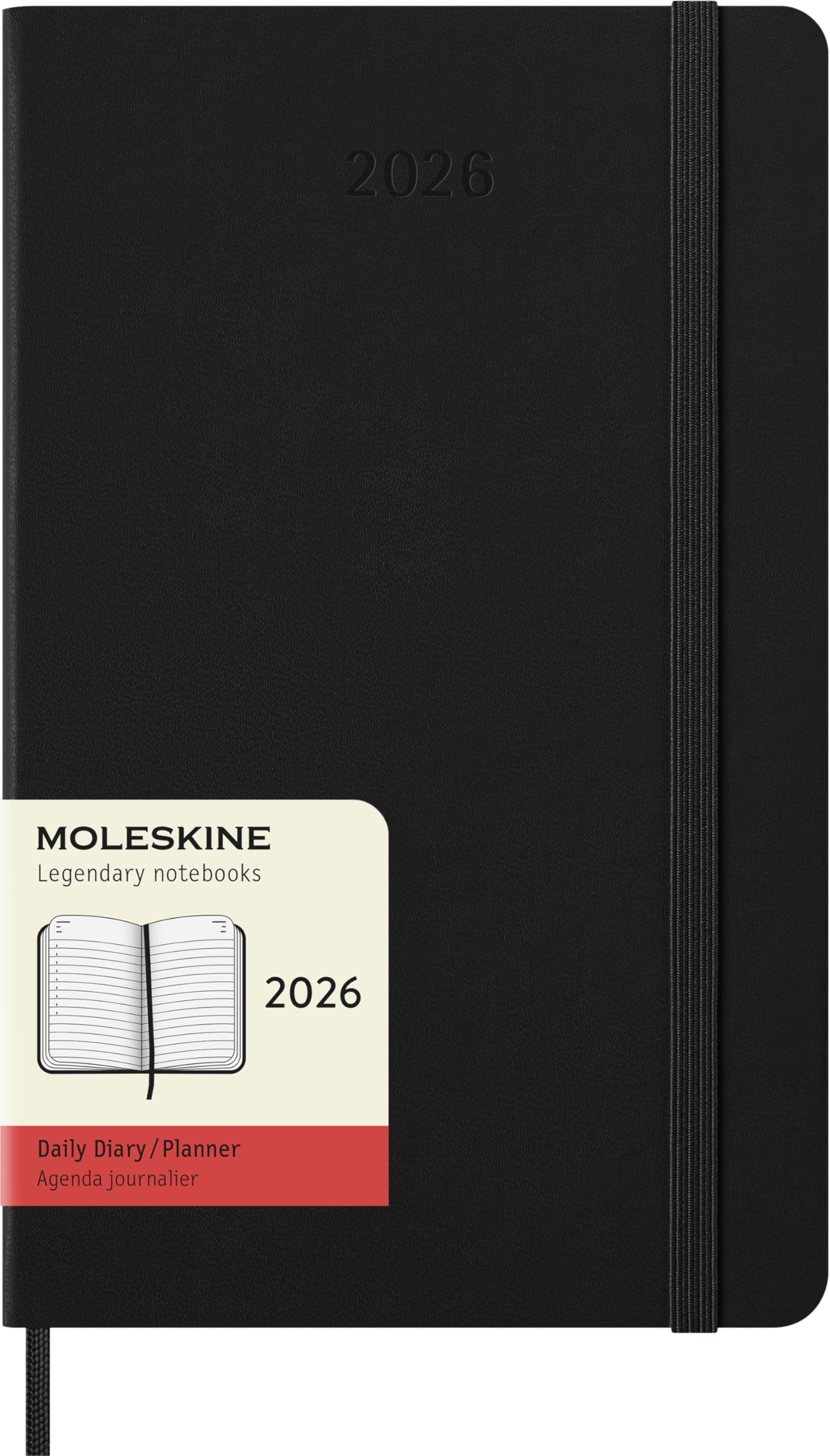 Moleskine Daily Planner, Daily Agenda 2026 12 Months, With Hard Cover and Elastic Closure, Large Format 13x21, Black Color