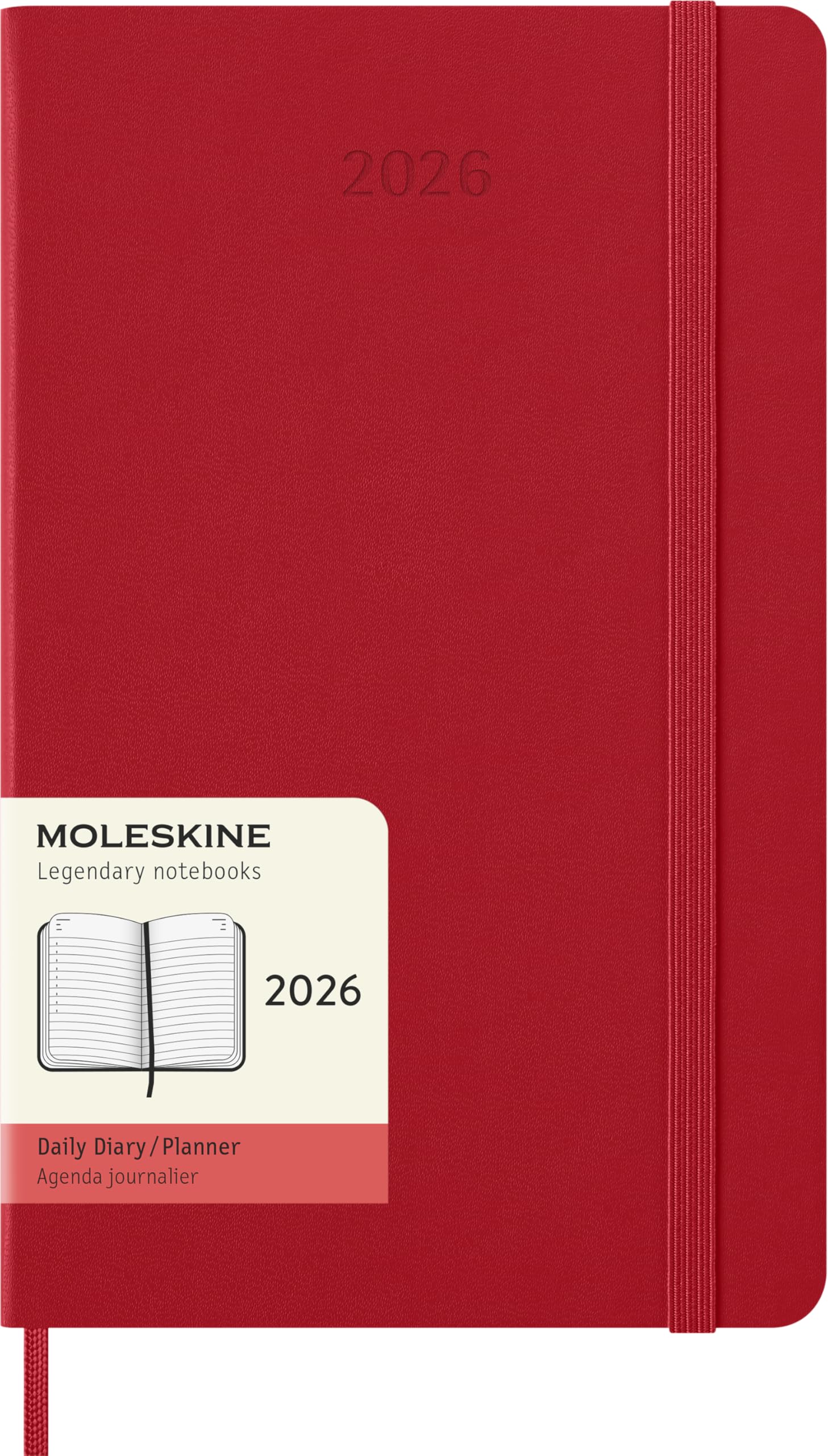 Moleskine Daily Planner, Daily Agenda 2026 12 Months, With Hard Cover and Elastic Closure, Large Format 13x21, Red Color