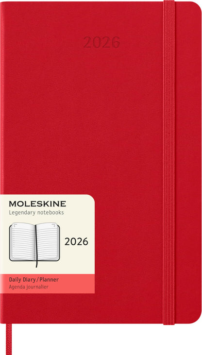 Moleskine Daily Planner, Daily Agenda 2026 12 Months, With Hard Cover and Elastic Closure, Large Format 13x21, Red Color