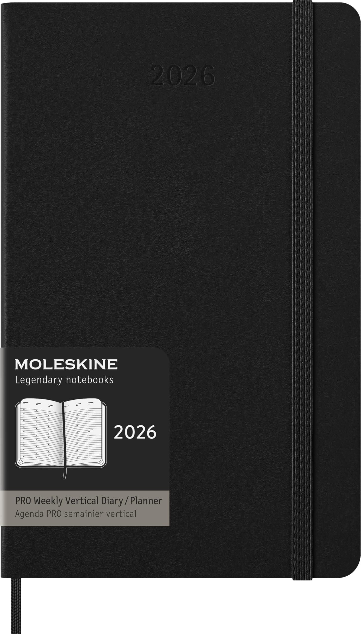 Moleskine Weekly Planner, Vertical Pro Weekly Agenda 12 Months 2025, Hard Cover and Elastic Closure, Black Color, Large Size 13x21 cm