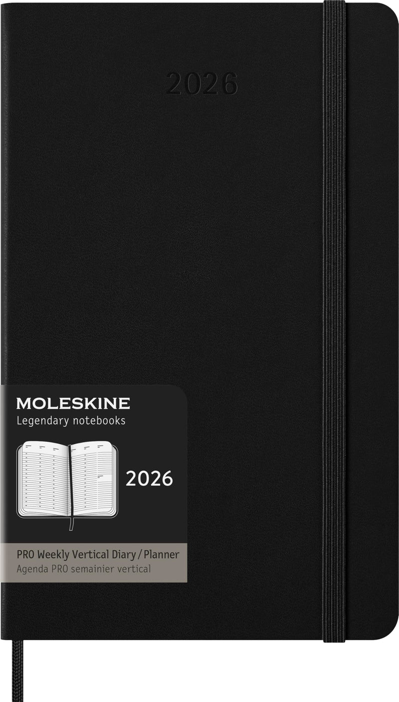 Moleskine Weekly Planner, Vertical Pro Weekly Agenda 12 Months 2025, Hard Cover and Elastic Closure, Black Color, Large Size 13x21 cm