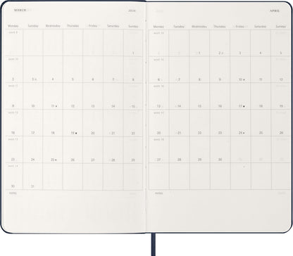 Moleskine Wochenplaner, Wochenagenda 2026 12 Monate mit Platz für Notizen, mit festem Einband und Gummibandverschluss, Großformat 13x21, Farbe Blau