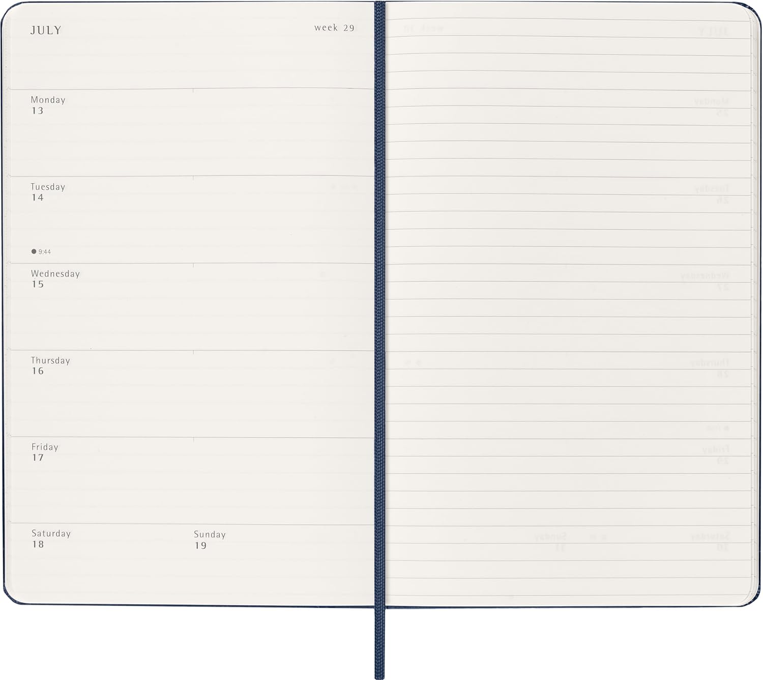Moleskine Wochenplaner, Wochenagenda 2026 12 Monate mit Platz für Notizen, mit festem Einband und Gummibandverschluss, Großformat 13x21, Farbe Blau