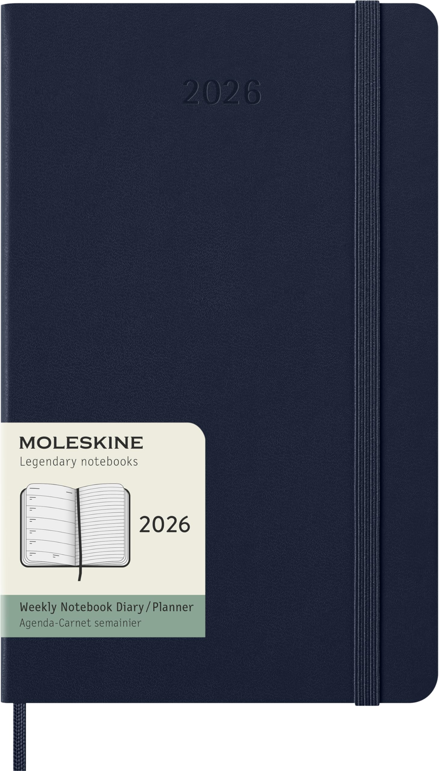 Moleskine Wochenplaner, Wochenagenda 2026 12 Monate mit Platz für Notizen, mit festem Einband und Gummibandverschluss, Großformat 13x21, Farbe Blau