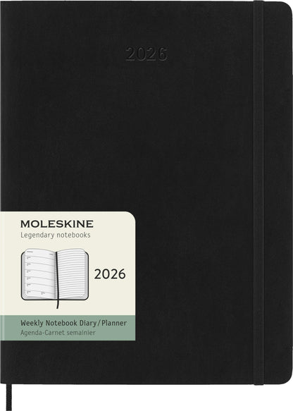 Moleskine Weekly Planner, 2026 Weekly Agenda 12 Months With Space For Notes, With Soft Cover and Elastic Closure, XL Size 19x25, Black Color