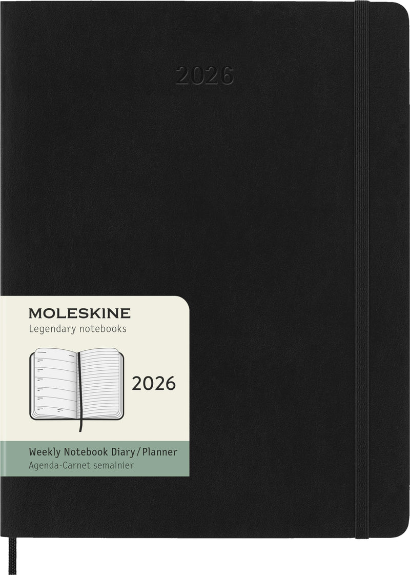Moleskine Weekly Planner, 2026 Weekly Agenda 12 Months With Space For Notes, With Soft Cover and Elastic Closure, XL Size 19x25, Black Color