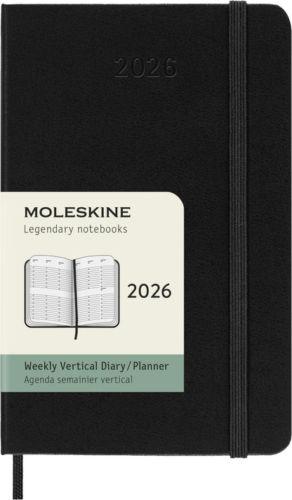 Moleskine Weekly Planner, Vertical Weekly Agenda 2026 12 Months, Hard Cover and Elastic Closure, Black Color, Pocket Size 9x14 cm
