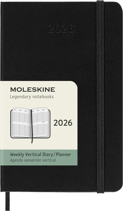 Moleskine Weekly Planner, Vertical Weekly Agenda 2026 12 Months, Hard Cover and Elastic Closure, Black Color, Pocket Size 9x14 cm