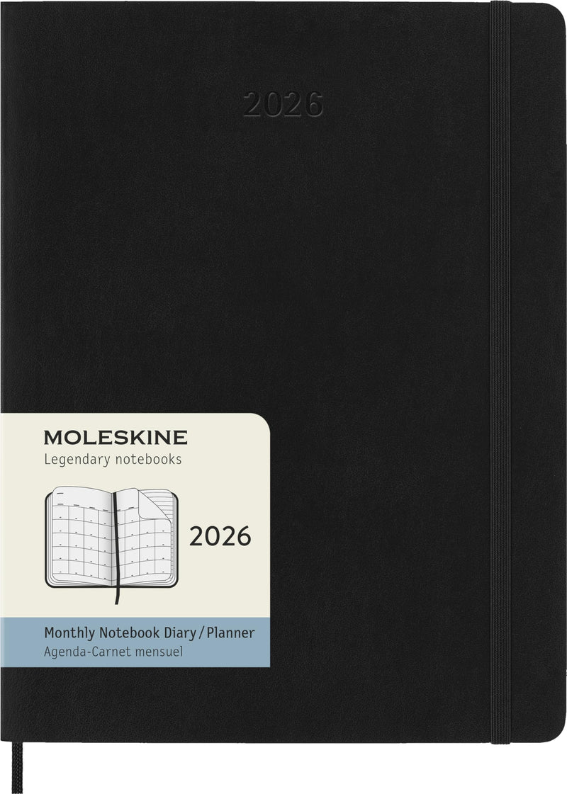 Moleskine Monthly Planner, 2026 12-Month Monthly Agenda, With Soft Cover and Elastic Closure, XL Size 19x25, Black Color