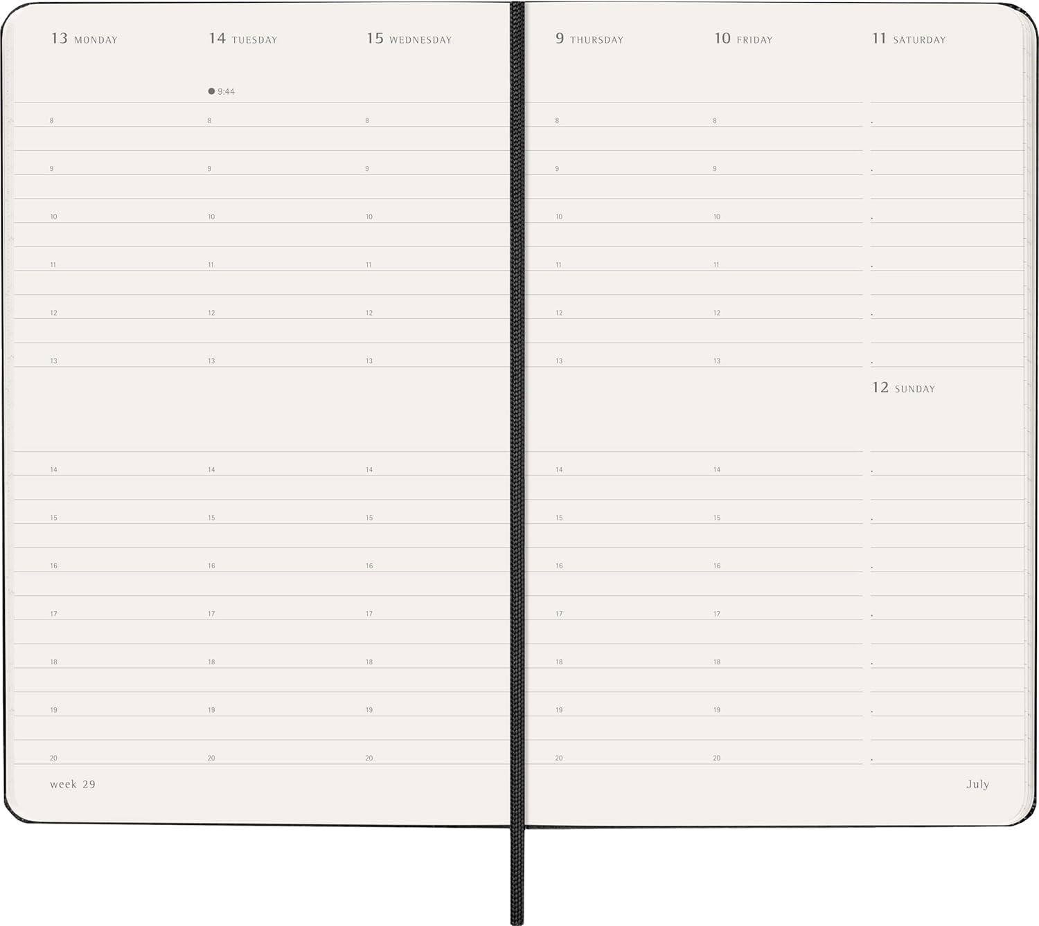 Moleskine Weekly Planner, Agenda Semanal Vertical 2026 12 Meses, Tapa Dura y Cierre Elástico, Color Negro, Formato Grande 13x21 cm