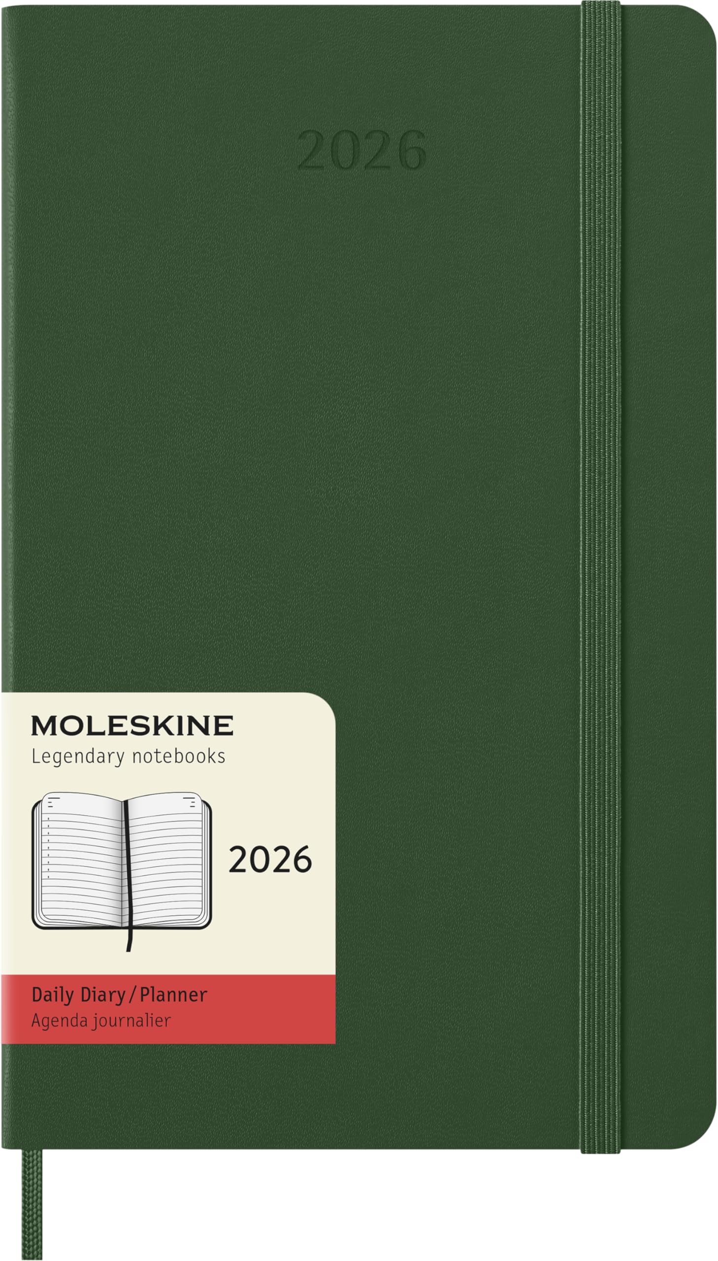 Moleskine Daily Planner, Daily Agenda 2026 12 Months, With Hard Cover and Elastic Closure, Large Format 13x21, Green Color