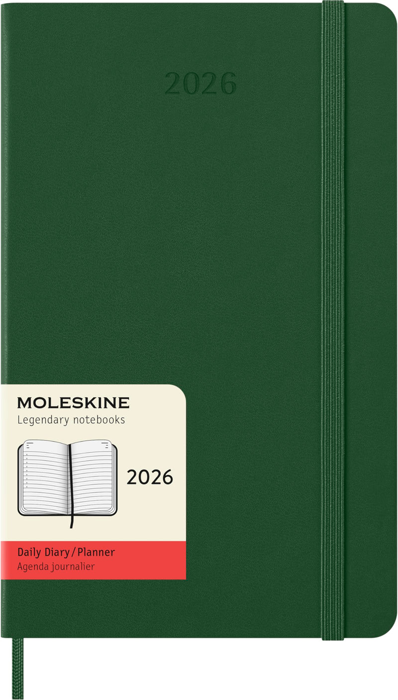 Moleskine Daily Planner, Daily Agenda 2026 12 Months, With Hard Cover and Elastic Closure, Large Format 13x21, Green Color