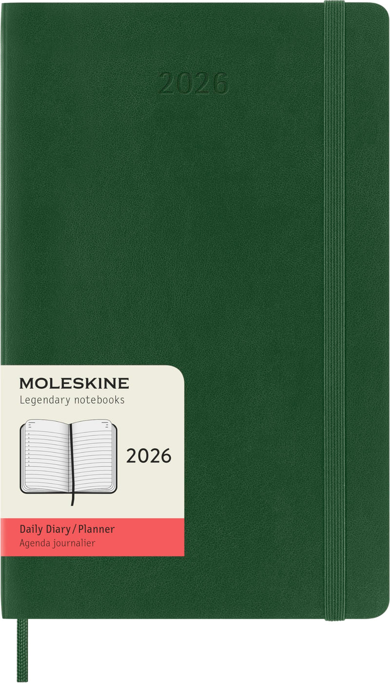 Moleskine Daily Planner, Daily Agenda 2026 12 Months, With Soft Cover and Elastic Closure, Large Format 13x21, Green Color