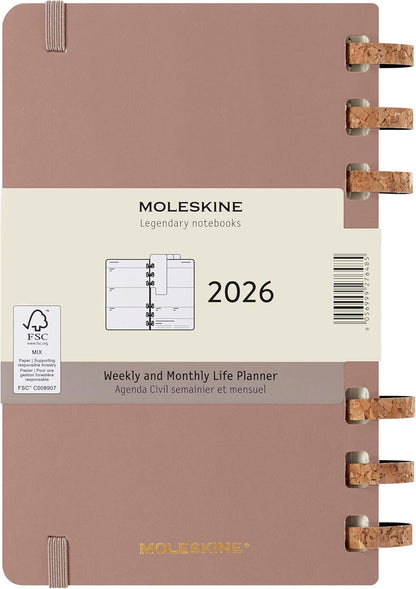 Moleskine Life Planner 2026, Weekly and Monthly Spiral Agenda 12 Months, Hard Cover and Elastic Closure, Almond Color, Large Size 13x21 cm