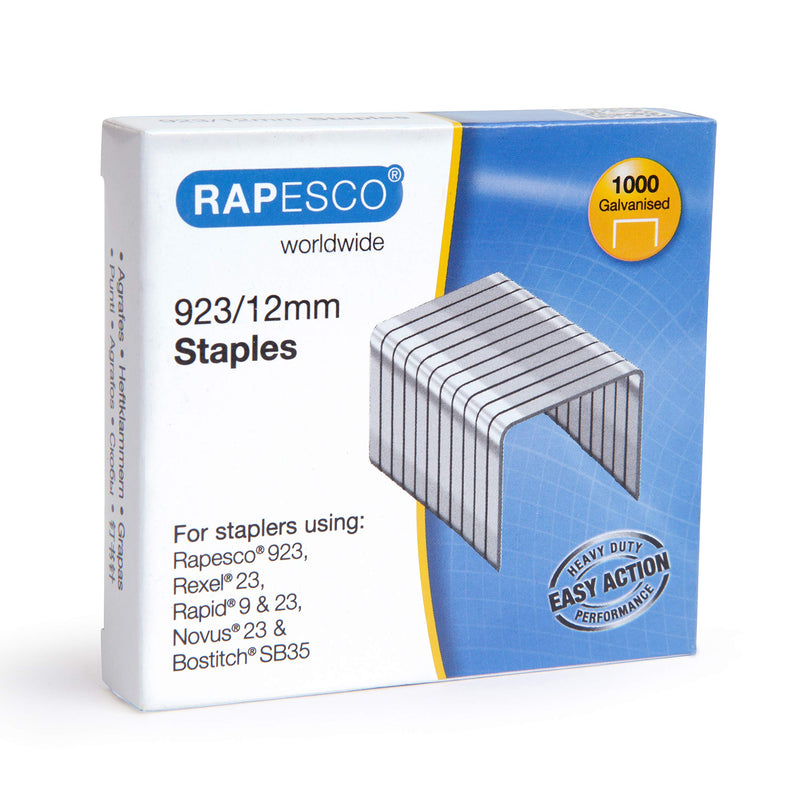 Rapesco 1238 923/12 mm Galvanised Staples, Type 23, Box of 1000