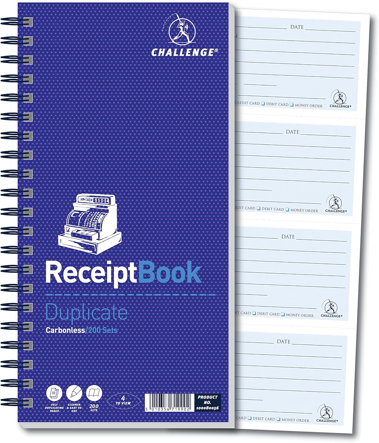Challenge 280 x 141 mm Wirebound Receipt Book, 200 Sets, White