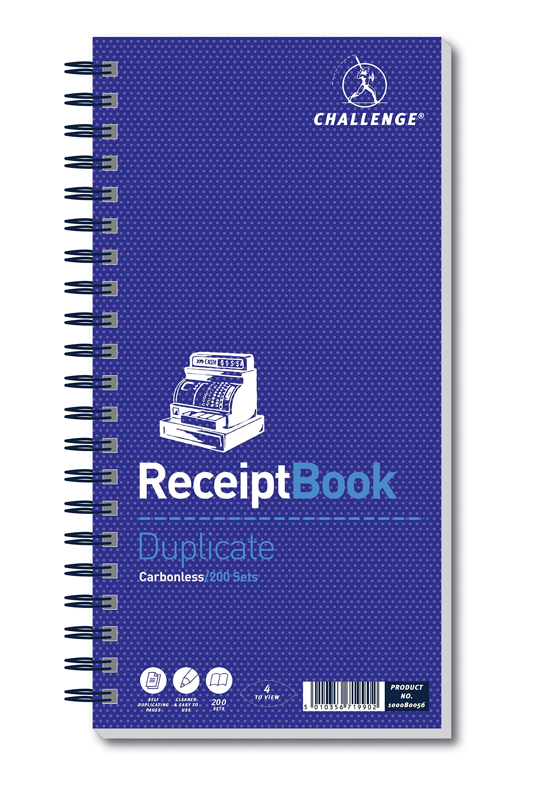 Challenge 280 x 141 mm Wirebound Receipt Book, 200 Sets, White