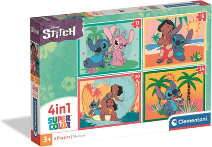 Clementoni - Puzzel 4-in-1 Supercolor, voor kinderen vanaf 3 jaar, verschillende delen illustraties Disney Stitch, cadeau-idee, Made in Italy, 21745