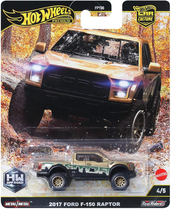 Hot Wheels Premium Car Culture Sammel-Spielzeugauto, Die-Cast '17 Ford F150 Raptor im Maßstab 1:64, Geländefahrzeug mit Real-Riders-Reifen, JBK70