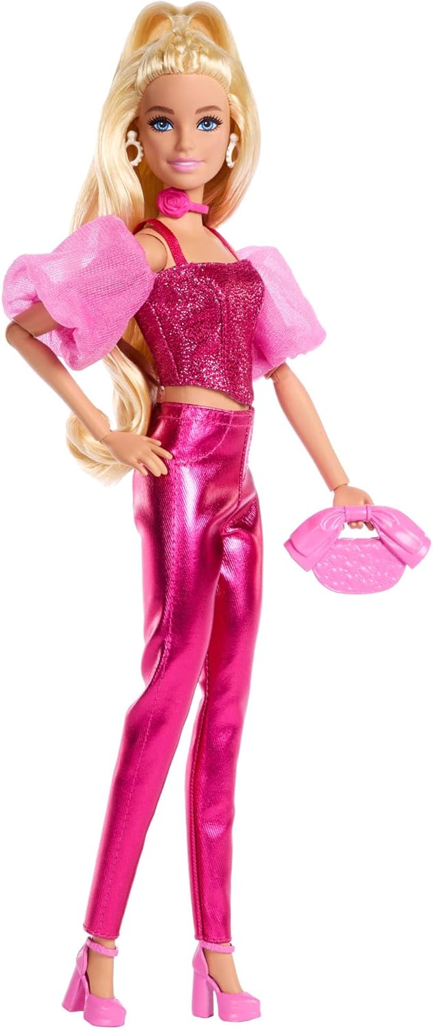 Barbie Deluxe Style Doll #5 in Metallic Pink Outfit, Blonde Hair, Sparkly Corset Top and Shiny Pants with Accessories like Rose Necklace and Handbag, JFP40