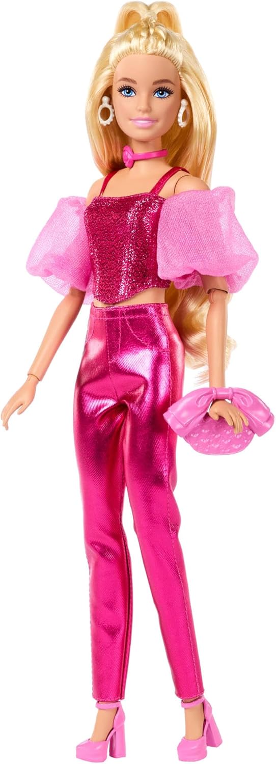 Barbie Deluxe Style Doll #5 in Metallic Pink Outfit, Blonde Hair, Sparkly Corset Top and Shiny Pants with Accessories like Rose Necklace and Handbag, JFP40