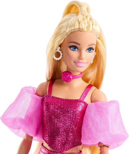Barbie Deluxe Style Doll #5 in Metallic Pink Outfit, Blonde Hair, Sparkly Corset Top and Shiny Pants with Accessories like Rose Necklace and Handbag, JFP40