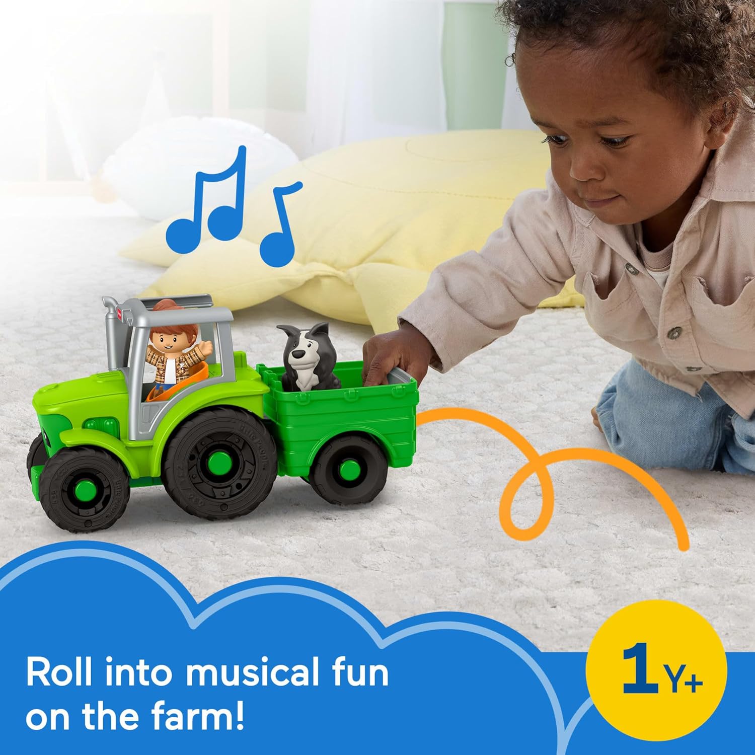 Fisher-Price Little People Toddler Toy Push & Play Tractor Push-Along Musical Farm Vehicle with 2 Figures for Pretend Play Kids Ages 1+ Years, JCW70