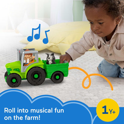 Fisher-Price Little People Toddler Toy Push & Play Tractor Push-Along Musical Farm Vehicle with 2 Figures for Pretend Play Kids Ages 1+ Years, JCW70