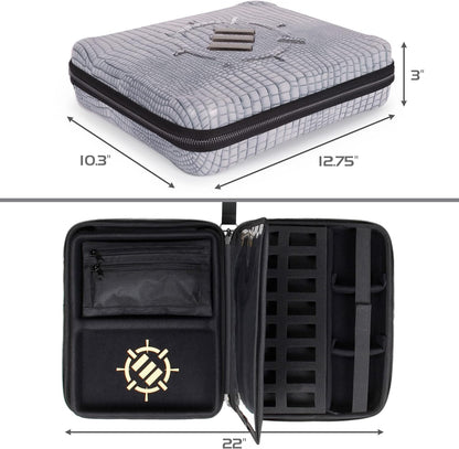 ENHANCE Collector's Edition RPG Organizer Case - DnD Binder with Built-in Character Sheet Holder and Erasable Scribe Panel, Dice Rolling Area, Removable Pen Pouch, Miniature Foam Tray (Dragon Silver