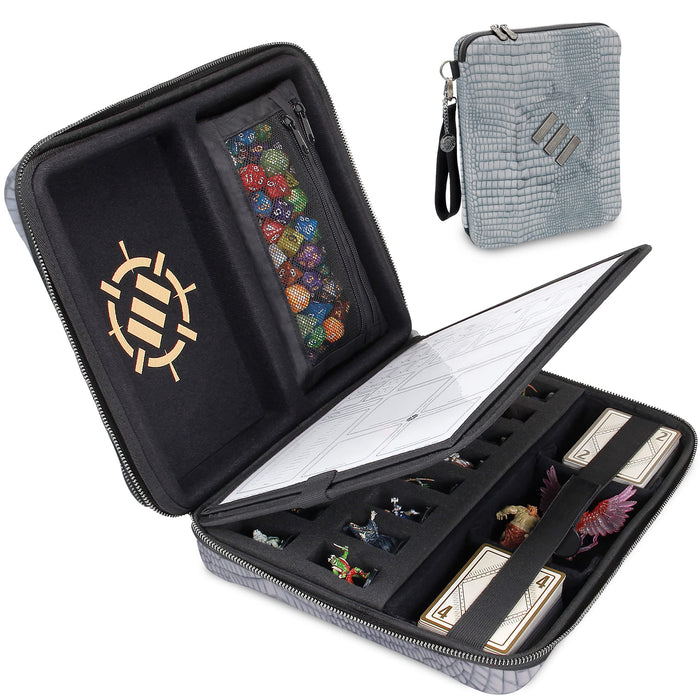 ENHANCE Collector's Edition RPG Organizer Case - DnD Binder with Built-in Character Sheet Holder and Erasable Scribe Panel, Dice Rolling Area, Removable Pen Pouch, Miniature Foam Tray (Dragon Silver