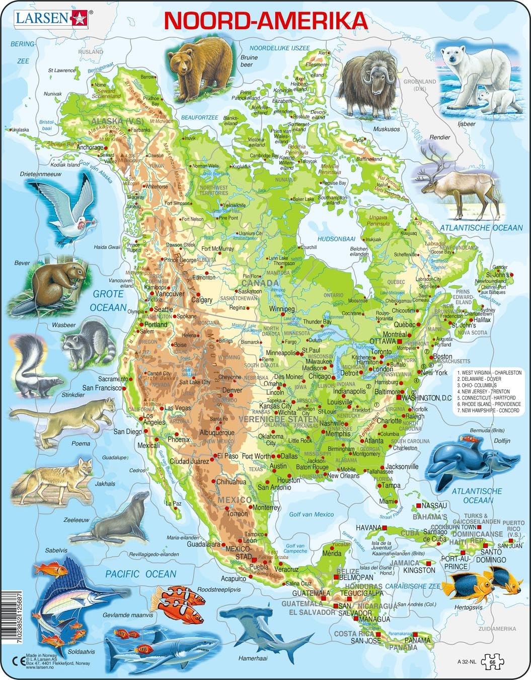 Selecta - Larsen Legpuzzel Kaart Noord Amerika Geografisch met Dieren 66st.