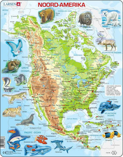 Selecta - Larsen Legpuzzel Kaart Noord Amerika Geografisch met Dieren 66st.