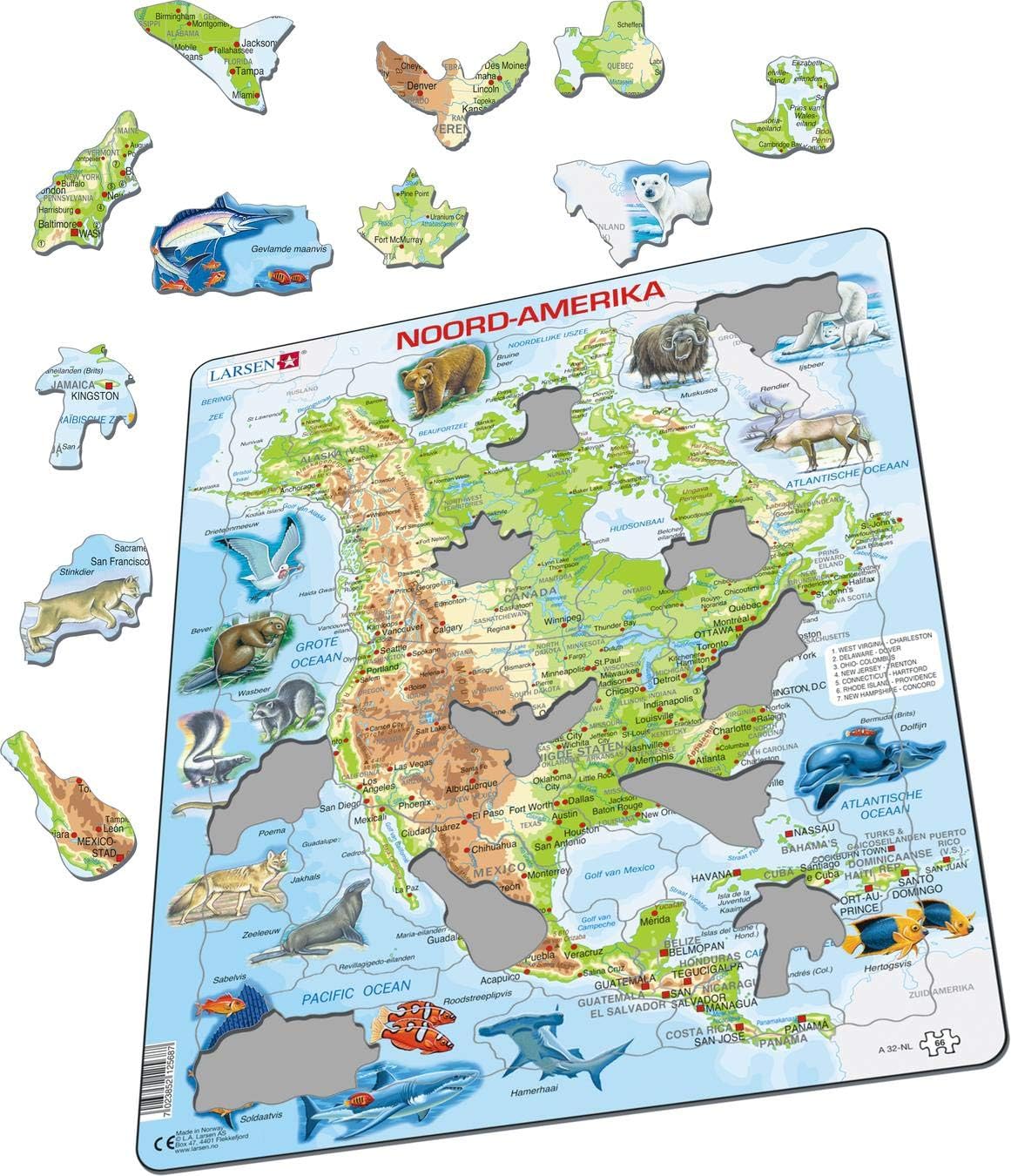 Selecta - Larsen Legpuzzel Kaart Noord Amerika Geografisch met Dieren 66st.