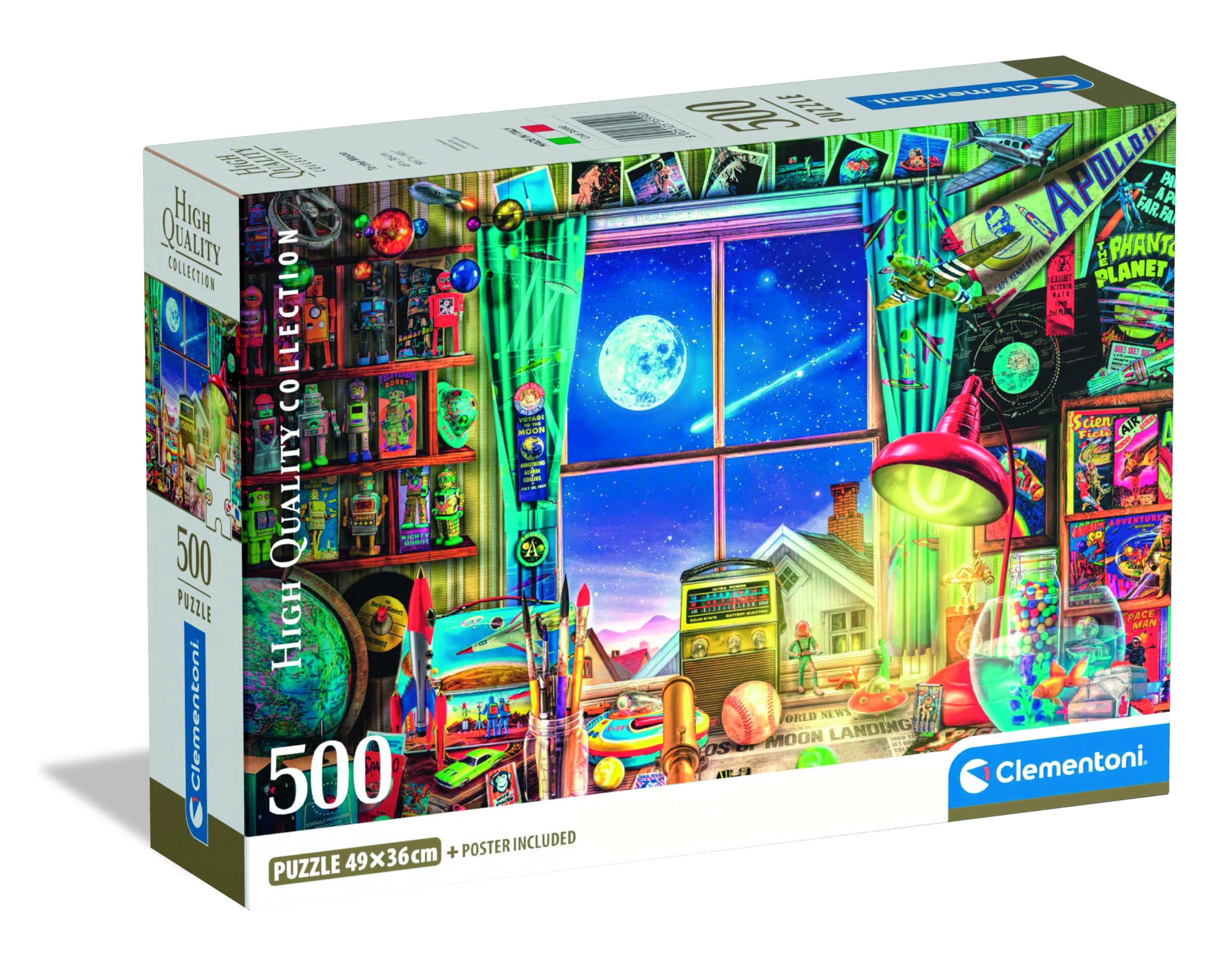 Clementoni - Puzzel met 500 stukjes voor volwassenen en jongens, collectie, thema To the Moon, illustratie panorama nacht, compacte doos, inclusief poster, cadeau-idee Made in Italy, 49 x 36 cm, 35590