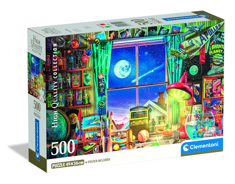 Clementoni - Puzzel met 500 stukjes voor volwassenen en jongens, collectie, thema To the Moon, illustratie panorama nacht, compacte doos, inclusief poster, cadeau-idee Made in Italy, 49 x 36 cm, 35590
