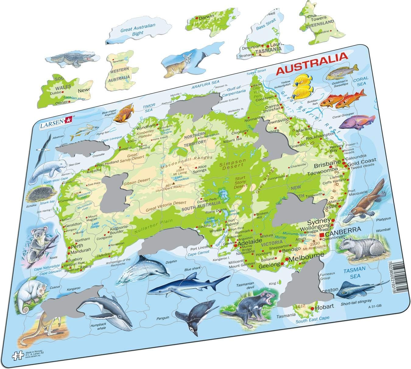 Selecta - Larsen Legpuzzel Kaart Australie Geografisch met Dieren 65st.