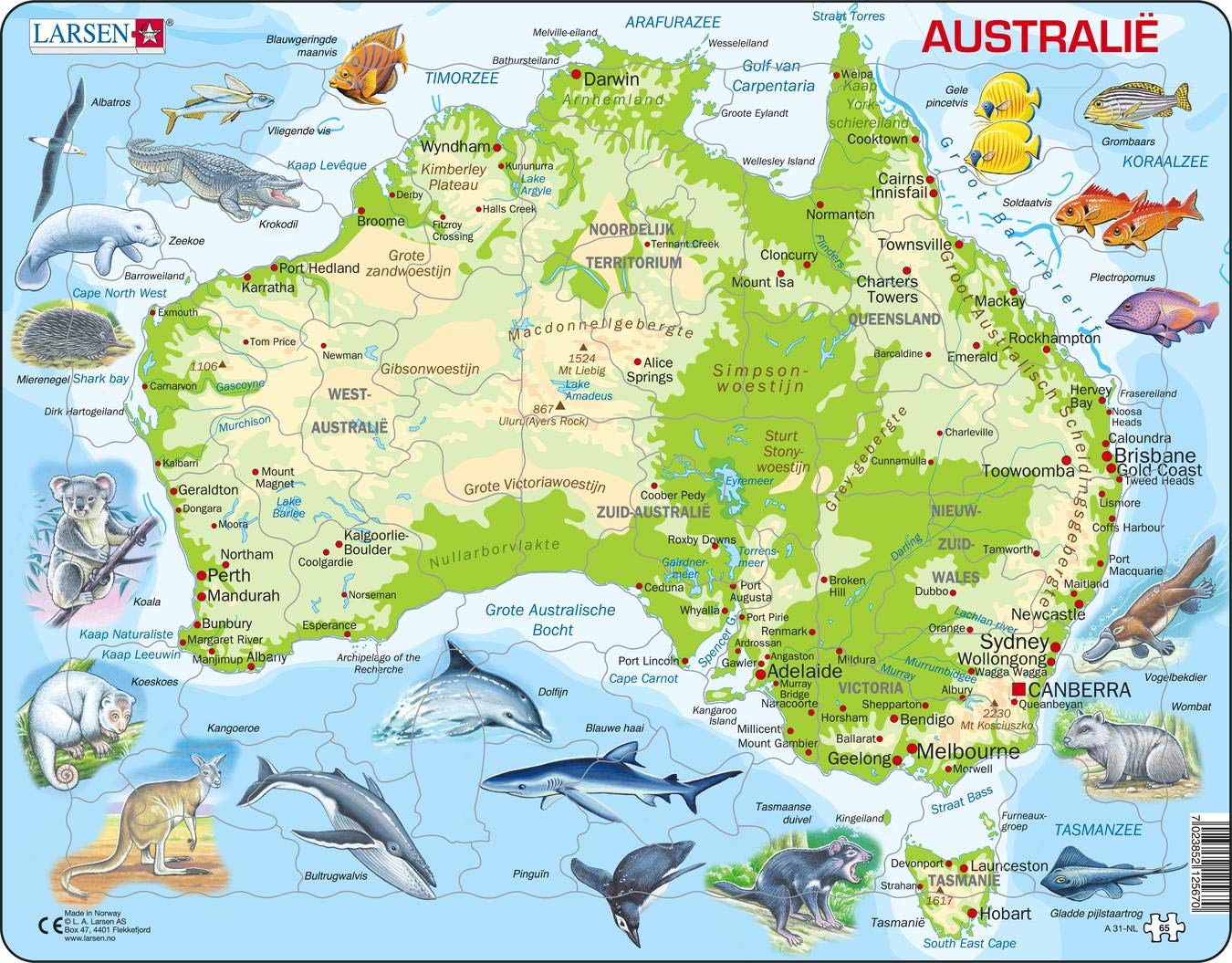 Selecta - Larsen Legpuzzel Kaart Australie Geografisch met Dieren 65st.