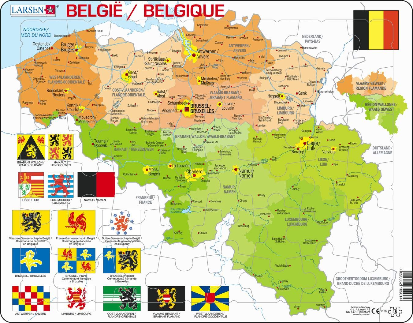 Larsen K59 Belgie Politieke Kaart, Meertalige (Nederlands/Frans) editie, Frame puzzel met 48 stukjes