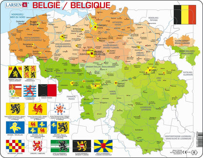 Larsen K59 Belgie Politieke Kaart, Meertalige (Nederlands/Frans) editie, Frame puzzel met 48 stukjes