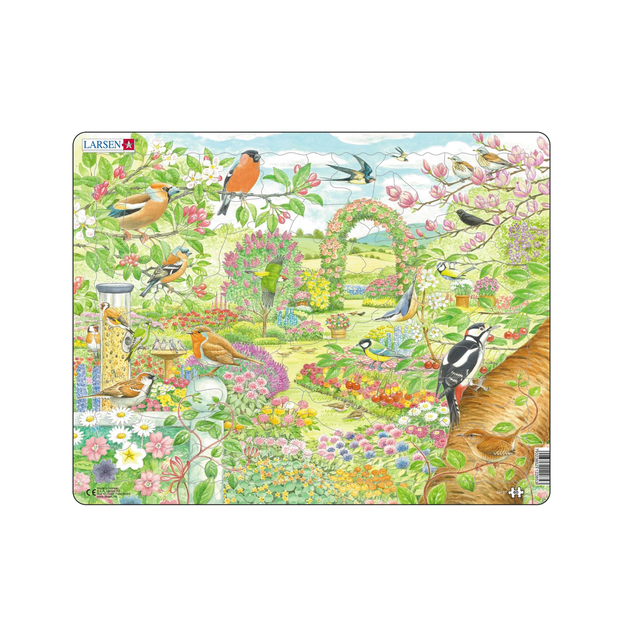 Larsen FH37 Kleurrijke bloemen en vogels in een prachtige tuin, Frame puzzel met 60 stukjes