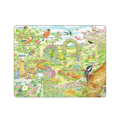 Larsen FH37 Kleurrijke bloemen en vogels in een prachtige tuin, Frame puzzel met 60 stukjes