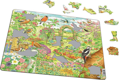 Larsen FH37 Kleurrijke bloemen en vogels in een prachtige tuin, Frame puzzel met 60 stukjes