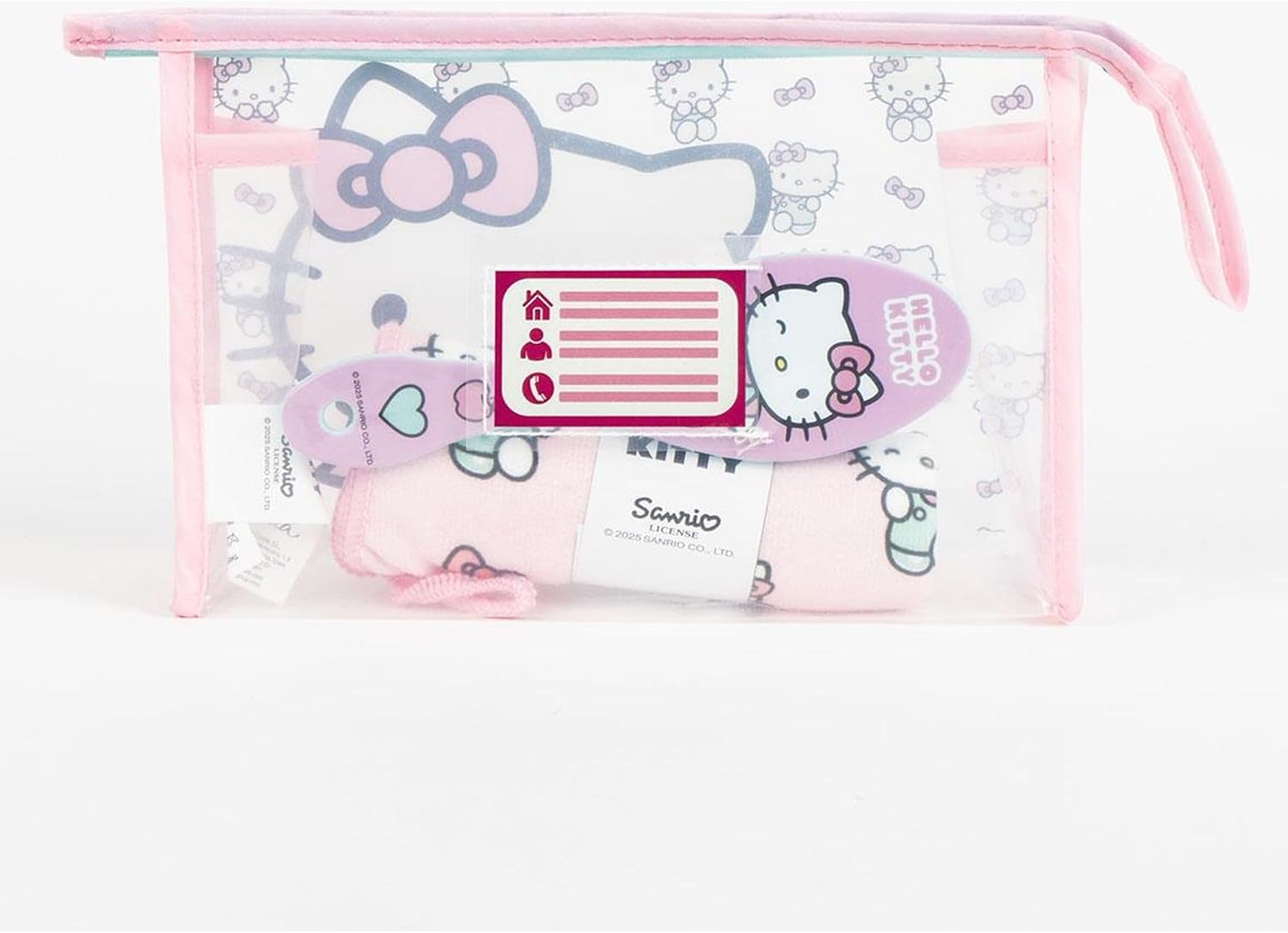 Hello Kitty Kulturbeutel für Reisen, Zubehör mit Kamm, Handtuch und Tasche für Hello Kitty, Kulturbeutel für Reisen oder Schule, Rosa, Transparente Kosmetiktasche mit Reißverschluss