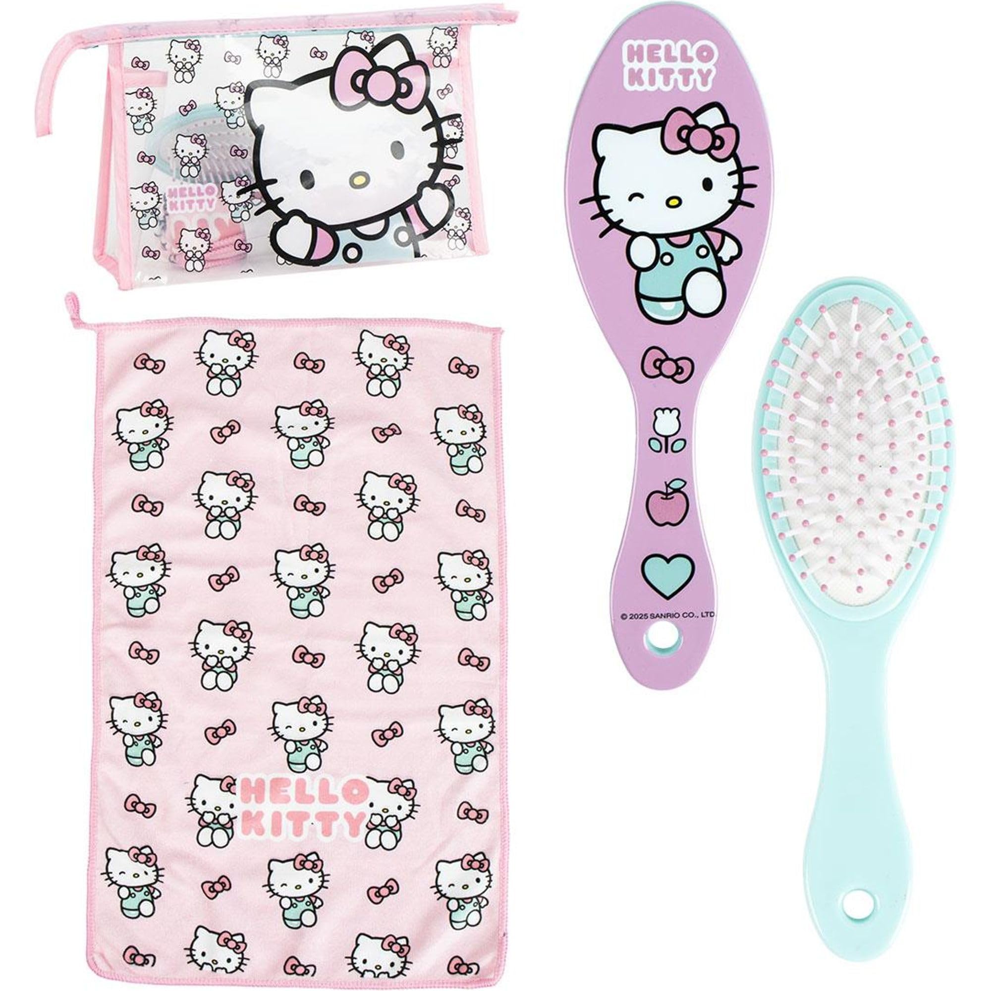 Hello Kitty Kulturbeutel für Reisen, Zubehör mit Kamm, Handtuch und Tasche für Hello Kitty, Kulturbeutel für Reisen oder Schule, Rosa, Transparente Kosmetiktasche mit Reißverschluss