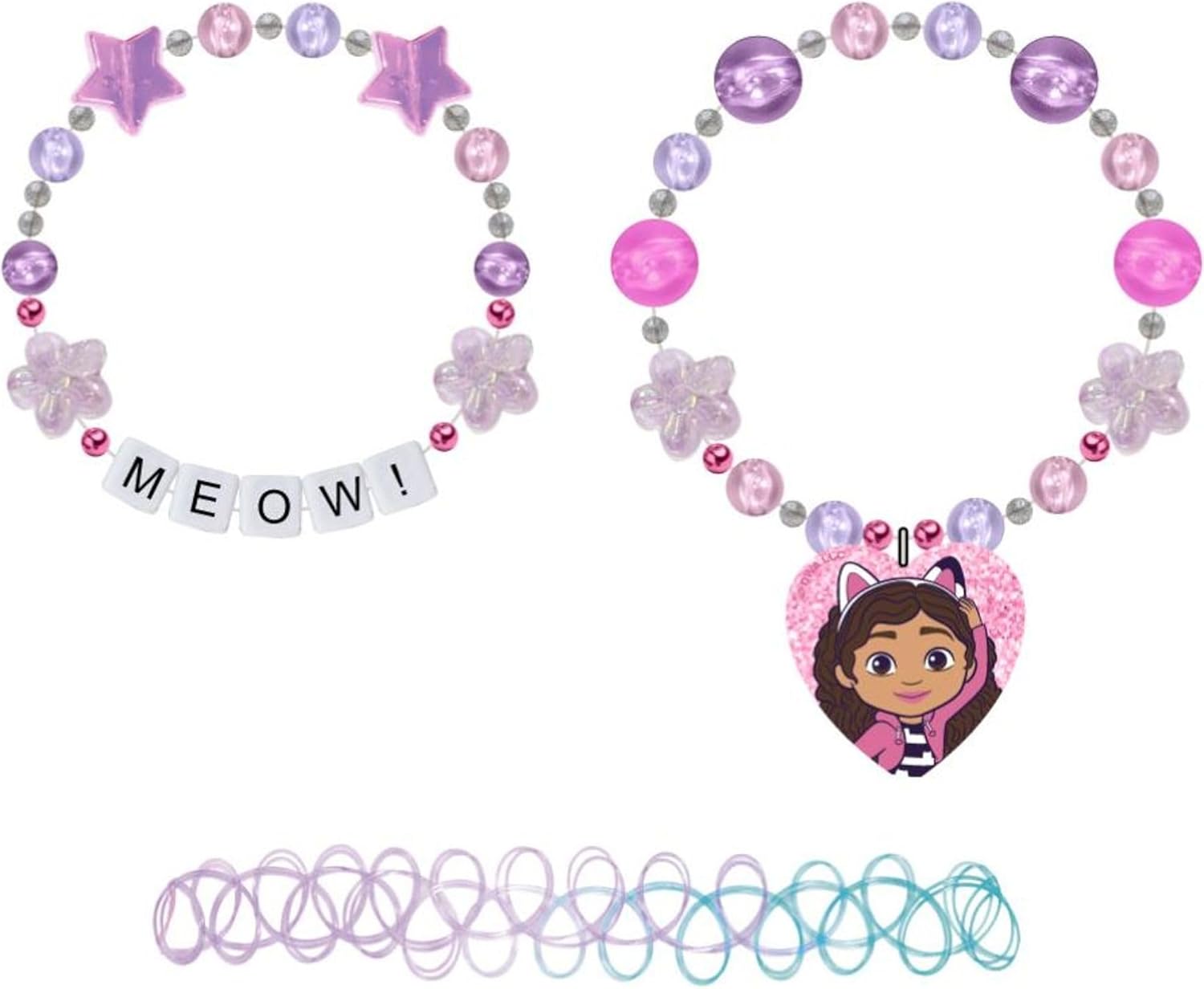 Gabby's Dollhouse armbandset met bloemparels en bedeltje "Meow" op pastelbasis, officiële sieraden voor meisjes vanaf 3 jaar, zeer geschikt als themacadeau en fantasierijk spelen
