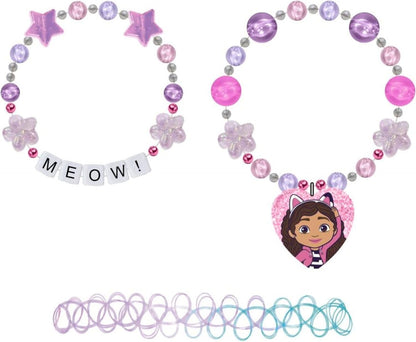Gabby's Dollhouse armbandset met bloemparels en bedeltje "Meow" op pastelbasis, officiële sieraden voor meisjes vanaf 3 jaar, zeer geschikt als themacadeau en fantasierijk spelen