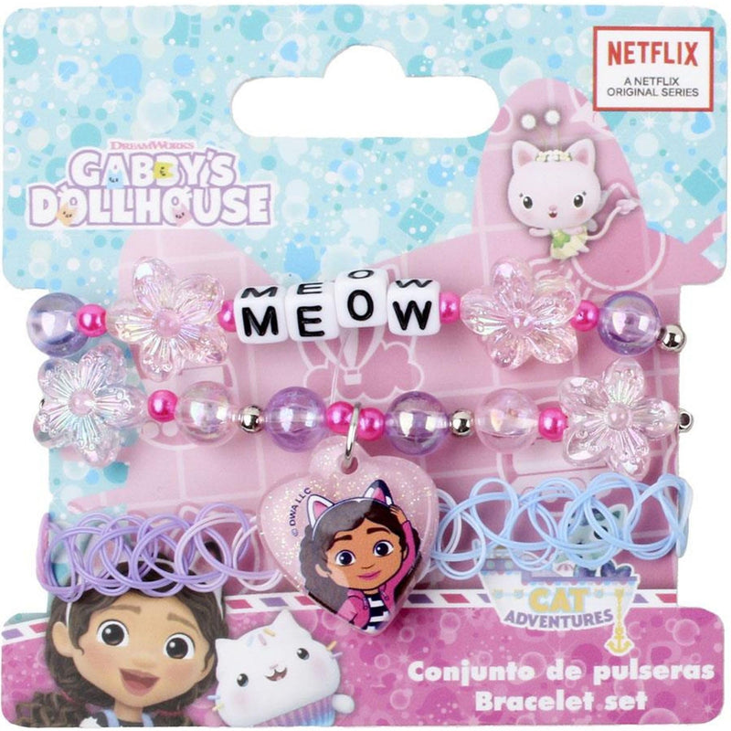 Gabby's Dollhouse armbandset met bloemparels en bedeltje "Meow" op pastelbasis, officiële sieraden voor meisjes vanaf 3 jaar, zeer geschikt als themacadeau en fantasierijk spelen