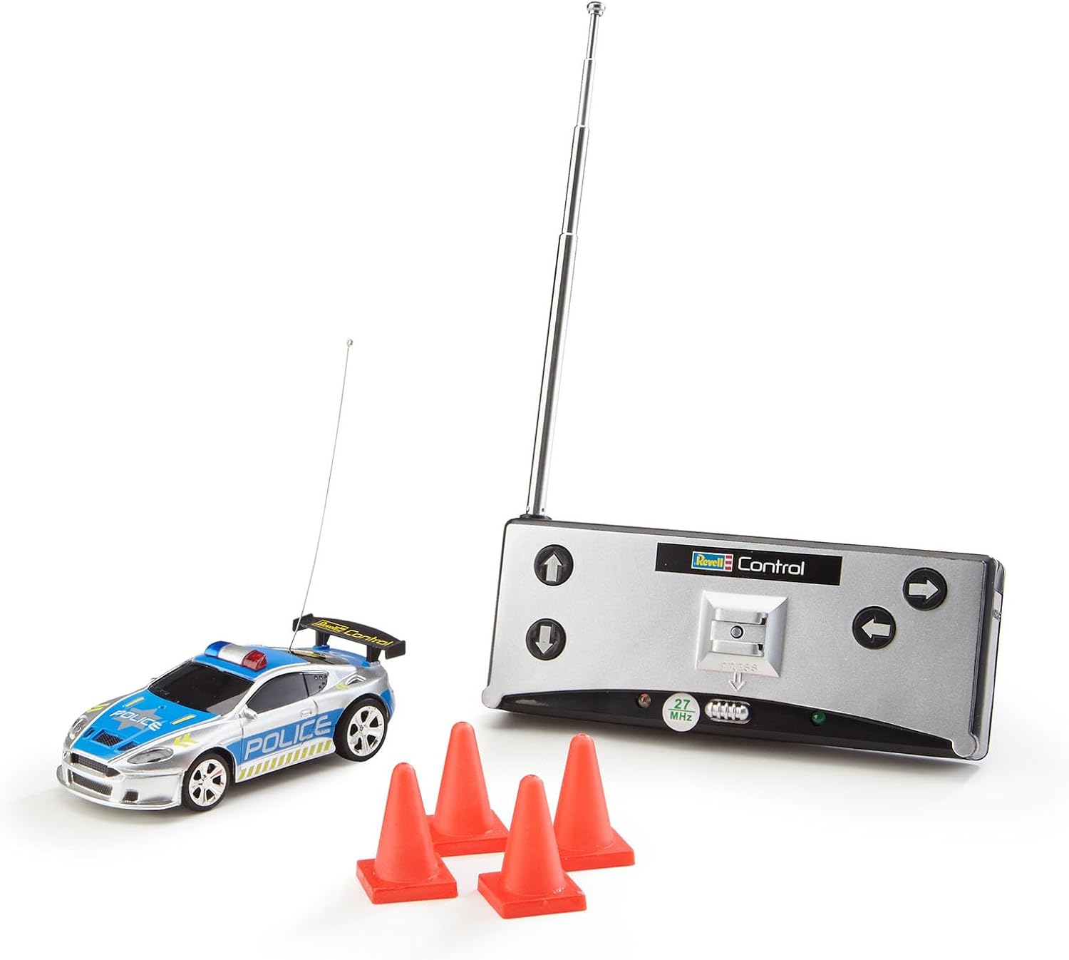 Revell Control 23559 Mini Remote Control Car Police, With 27 MHz Control, In a Can Container, Includes Traffic Cones, 8cm in length