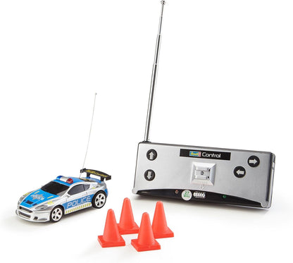 Revell Control 23559 Mini Remote Control Car Police, With 27 MHz Control, In a Can Container, Includes Traffic Cones, 8cm in length