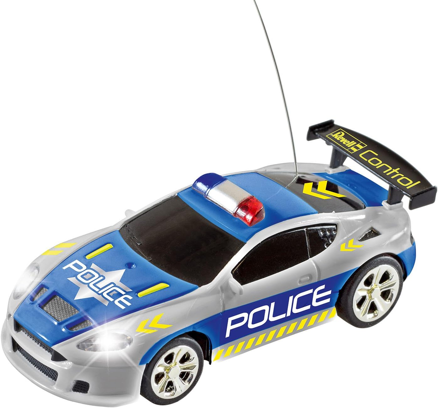 Revell Control 23559 Mini Remote Control Car Police, With 27 MHz Control, In a Can Container, Includes Traffic Cones, 8cm in length